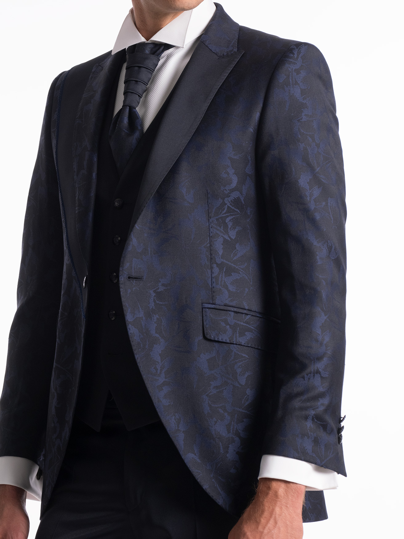 TRAJE CEREMONIA ESTAMPADO FLORES AZUL 1 BOTÓN