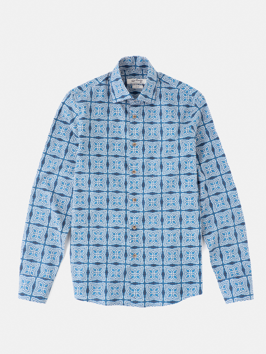 CAMISA CASUAL ESTAMPADO GEOMETRICO AZUL