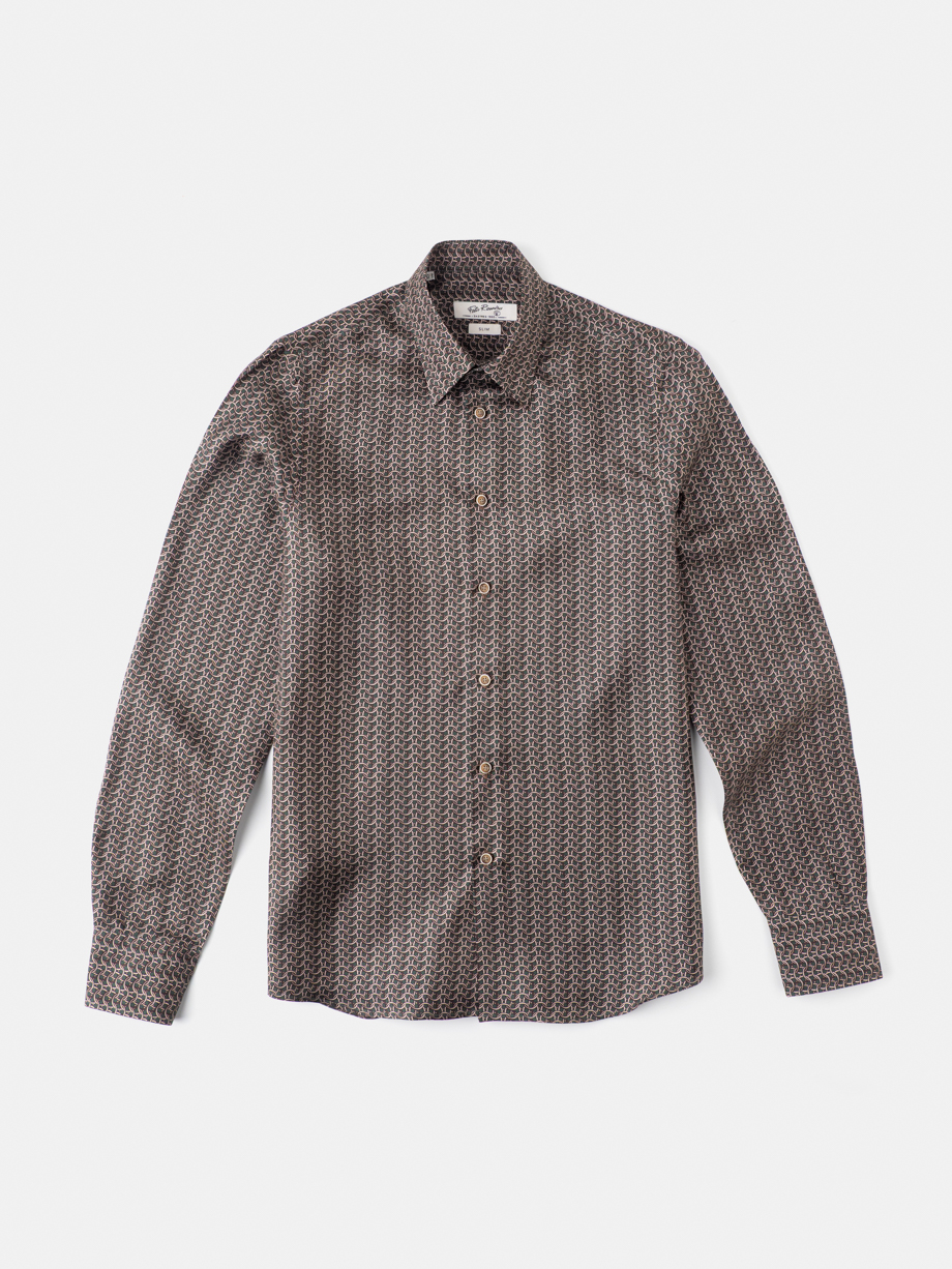 CAMISA DE SEDA ESTAMPADO GEOMÉTRICO EN TONOS VERDES Y MARRONES