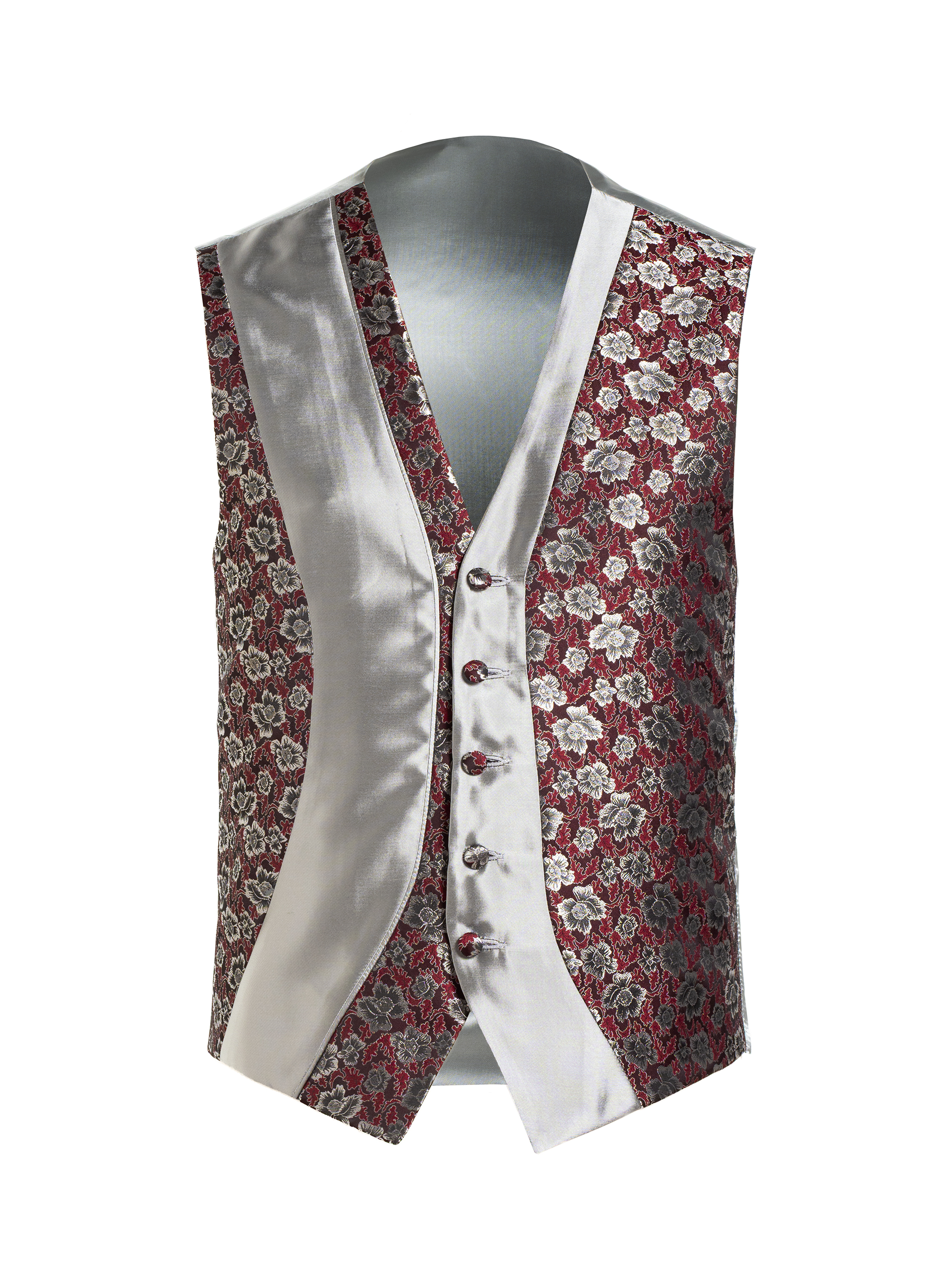 CHALECO FIESTA COMBINADO FLORES BURDEOS Y GRIS