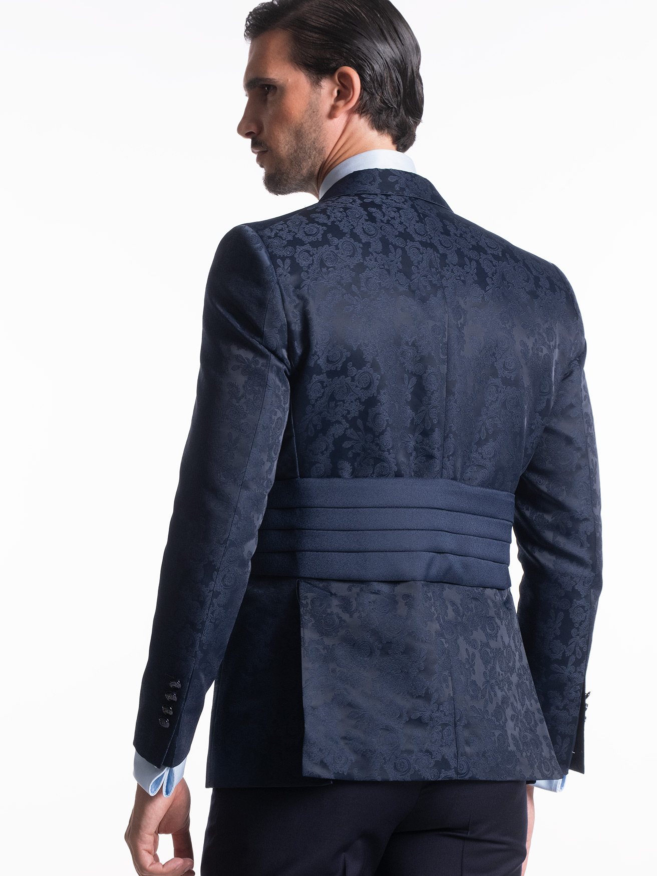 TRAJE CEREMONIA FIESTA DOBLE SOLAPA DISEÑO EXCLUSIVO EN CACHEMIRES AZUL MARINO